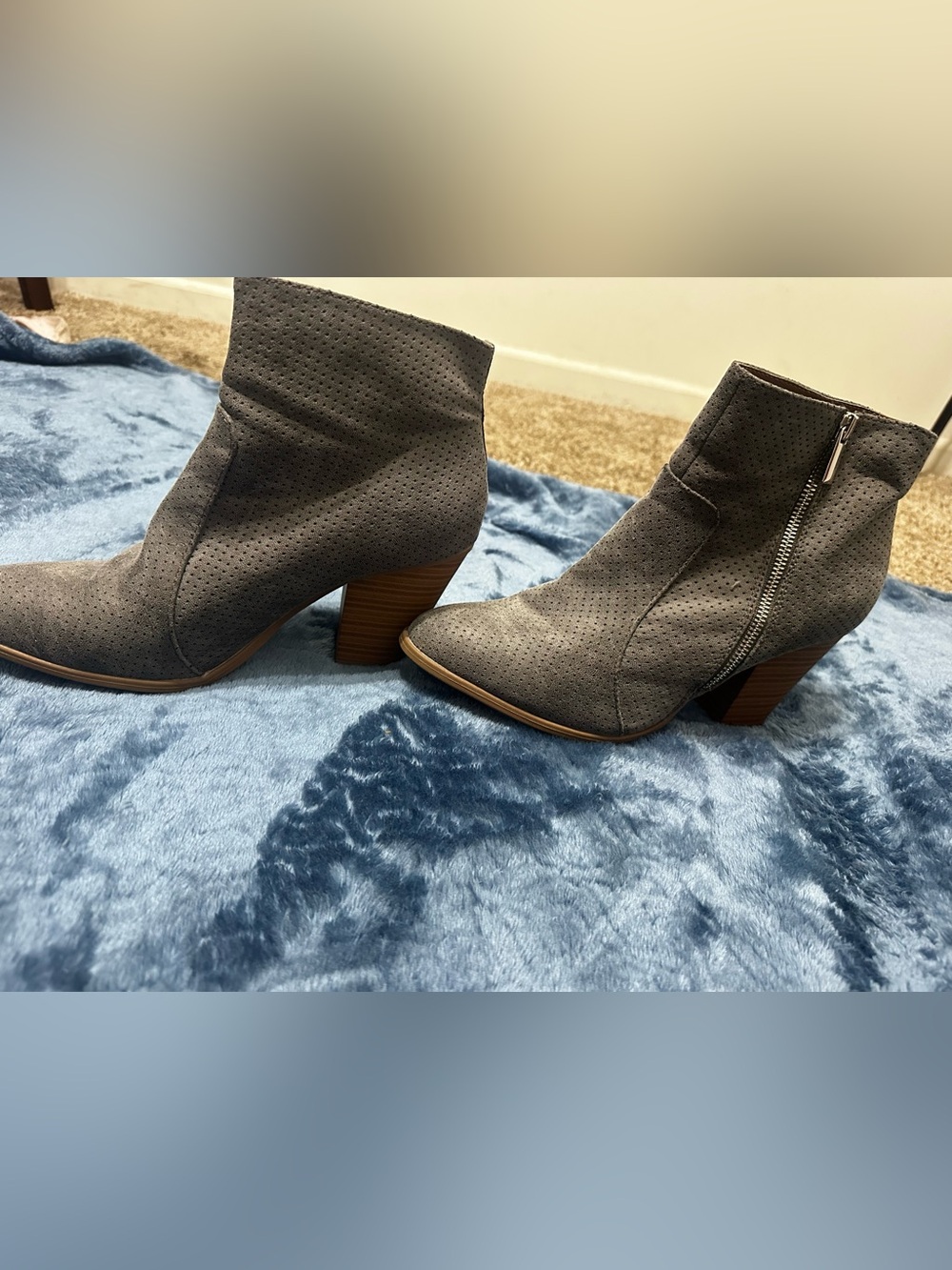 Women’s Gray Perforated Suede Ankle Boots with Block Heel